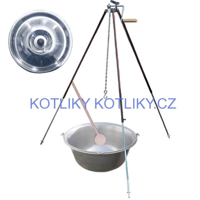Nerezový kotlík 15 L (1,5 mm) + teleskopická trojnožka s pojistnou kladkou + poklice