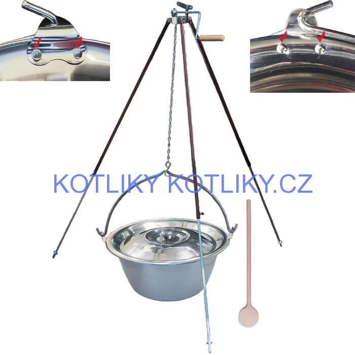 Nerezový kotlík 20 L (0,8 mm) s nýty + teleskopická trojnožka s pojistnou kladkou + poklice