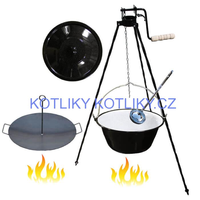 Smaltovaný kotlík 20 L (1,2 mm) + pánev na grilování a stojan s kladkou VAR
