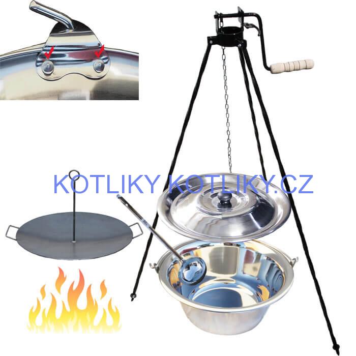 Nerezový kotlík 15 L (0,8 mm) s nýty + pánev na grilování a stojan s kladkou VAR