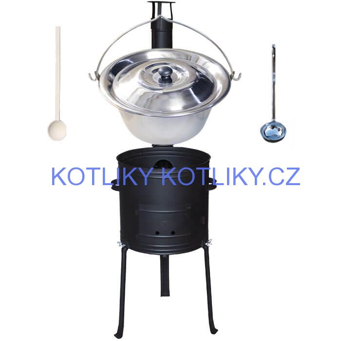 Nerezový kotlík 14 L (0,8 mm) + kovová kotlina s vysokými nožičkami 36 cm, žáruvzdorná barva Plus 700 + vařečka a naběračka