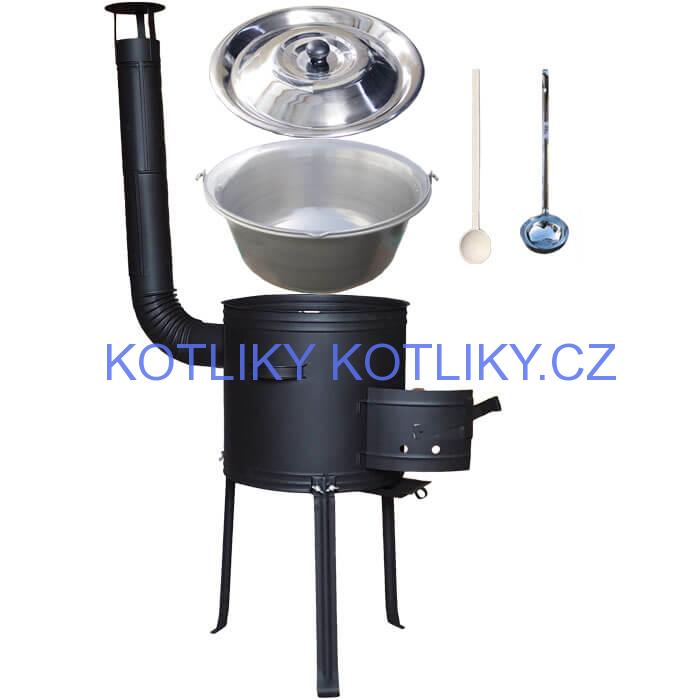 Nerezový kotlík 20 L (1,5 mm) + kovová kotlina s vysokými nožičkami 42 cm , žáruvzdorná barva Plus 700 + vařečka a naběračka