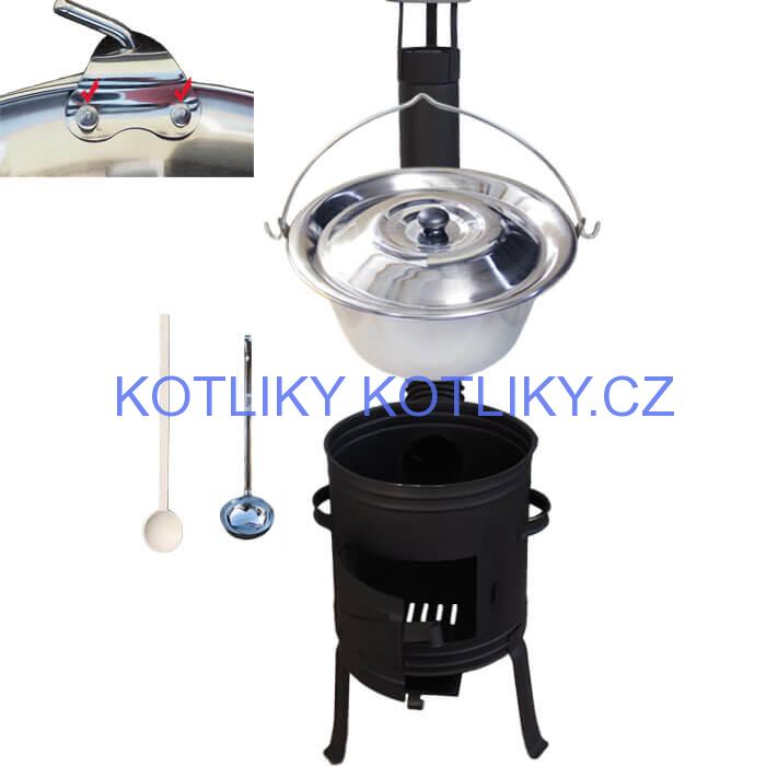 Nerezový kotlík 10 L (0,8 mm) s nýty + nízká žáruvzdorná kotlina 33 cm PLUS 700 + vařečka a naběračka