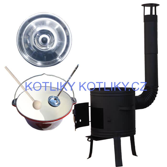 Litinový kotlík 10 L se smaltovanou úpravou + nízká žáruvzdorná kotlina 33 cm PLUS 700 + vařečka a naběračka