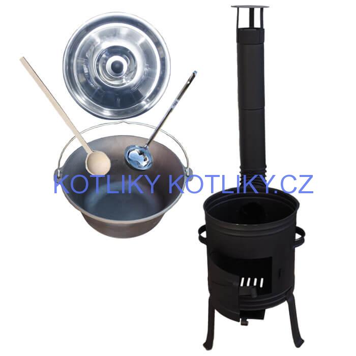 Litinový kotlík 10 L + nízká žáruvzdorná kotlina 33 cm PLUS 700 + vařečka a naběračka