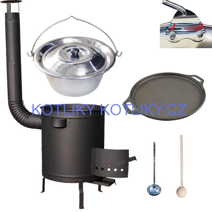 Nerezový kotlík 20 L (0,8 mm) zesílený s nýty + Litinová pánev 43 cm + silnostěnná (1,5 mm) a žáruvzdorná kotlina 42 PLUS 600