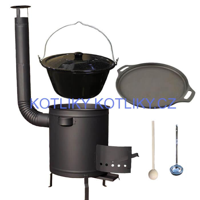 Smaltovaný kotlík 20 L (1,2 mm) + Litinová pánev 43 cm + silnostěnná (1,5 mm) a žáruvzdorná kotlina 42 PLUS 600
