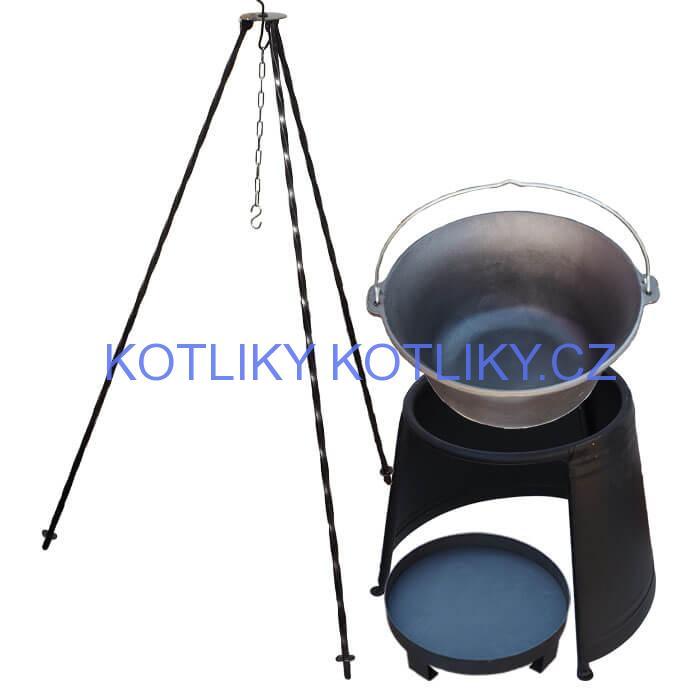 Litinový kotlík 10,8 L + chránič plamene 37 cm + ohniště 36 cm + trojnožka 1,2 m