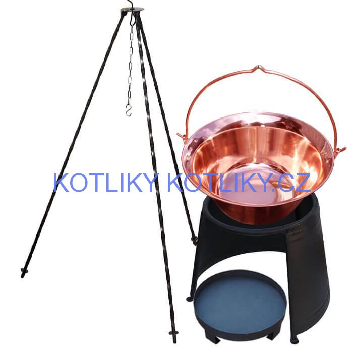Měděný kotlík 10 L (1,2 mm) + chránič plamene 37 cm + ohniště 36 cm + trojnožka 1,2 m