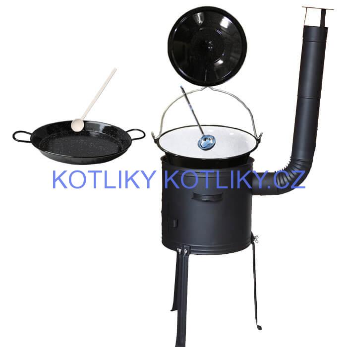 Smaltovaný kotlík 20 L + Paella pánev 46 cm + kovová kotlina s vysokými nožičkami 42 cm, žáruvzdorná barva Plus 700