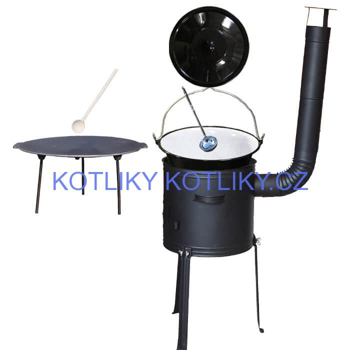 Smaltovaný kotlík 25 L + Litinová pánev 45 cm + kovová kotlina s vysokými nožičkami 42 cm, žáruvzdorná barva Plus 700