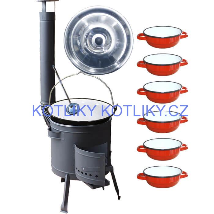 Smaltovaný kotlík 20 L + selské misky 6 ks + nízká žáruvzdorná kotlina 42 cm PLUS 600