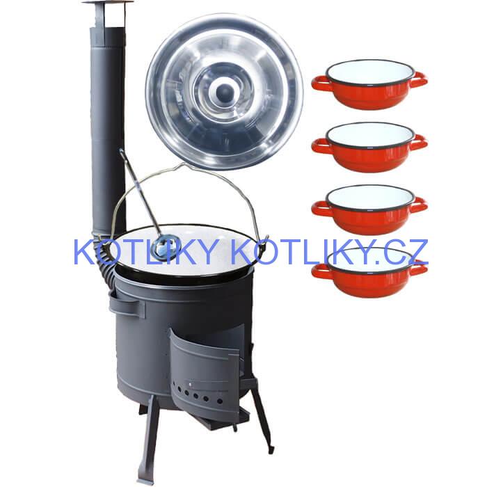 Smaltovaný kotlík 30 L + selské misky 4 ks + nízká žáruvzdorná kotlina 45 cm PLUS 600