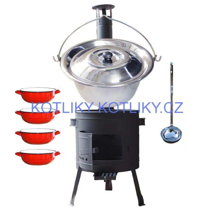 Nerezový kotlík 22 L (0,8 mm) INOX + selské misky 4 ks + nízká žáruvzdorná kotlina 42 cm PLUS 600
