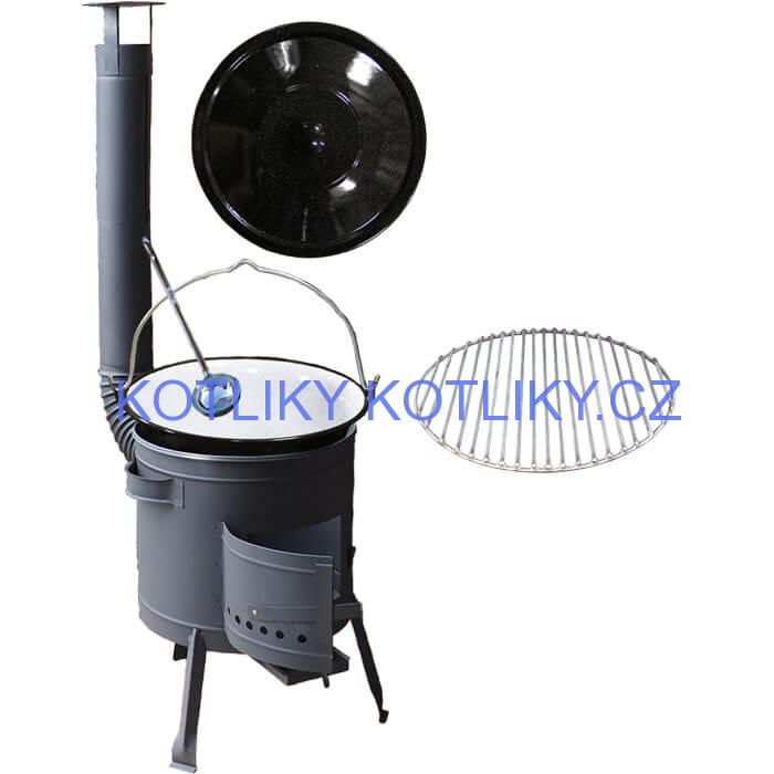Smaltovaný kotlík 20 L + Nerezový rošt 45 cm + nízká žáruvzdorná kotlina 42 cm PLUS 600