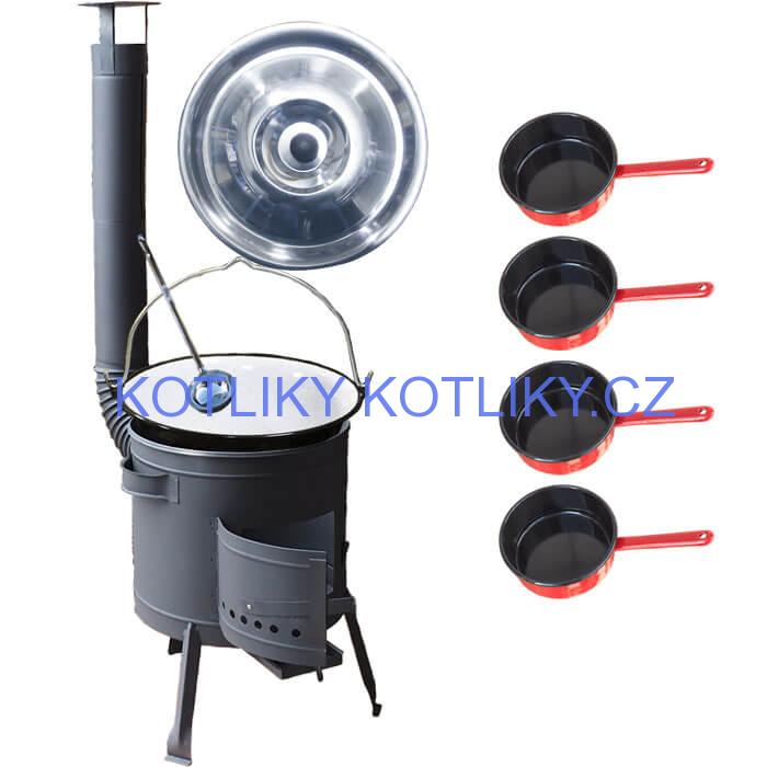 Smaltovaný kotlík 16 L + smaltované rendlíky 4 ks + nízká žáruvzdorná kotlina 39 cm PLUS 600