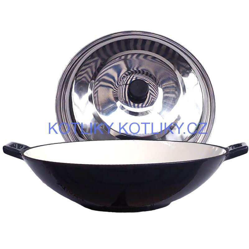Litinový wok – smaltovaný povrch 37 cm + nerezová poklice
