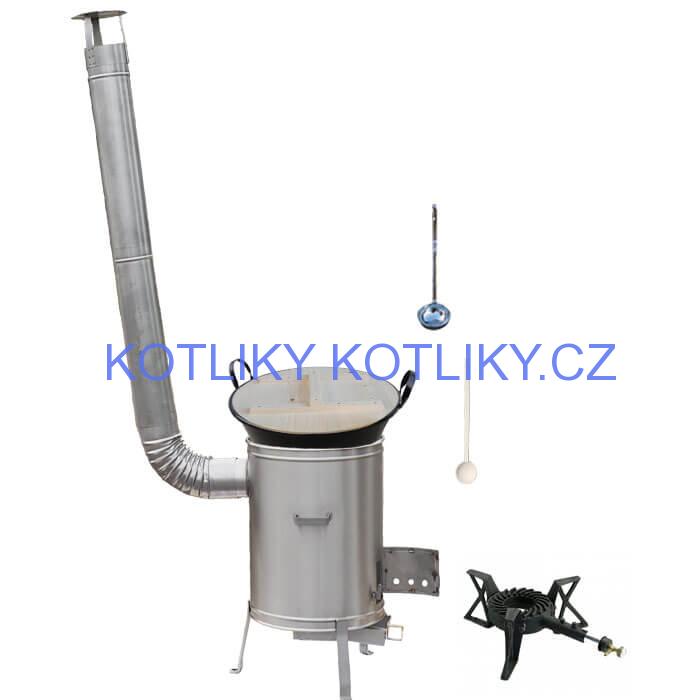 Zabijačkový smaltovaný kotel 100 L + nerezová kotlina 60 cm + hořák 7 kW + vařečka a naběračka