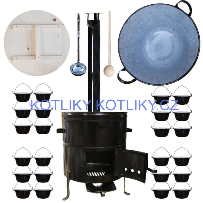Smaltovaný kotel 100 L + servírovací kotlíky (24 ks) + vařečka a naběračka BIG PARTY