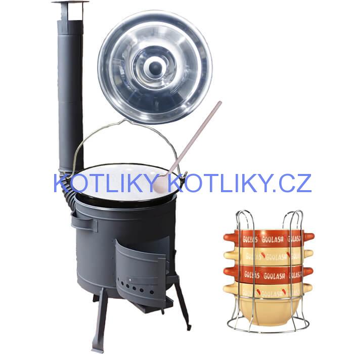 Smaltovaný kotlík 25 L (1,2 mm) + misky na guláš 4 ks + nízká žáruvzdorná kotlina 42 PLUS 600