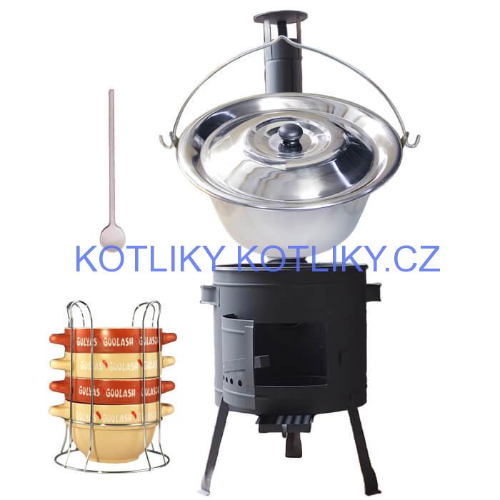 Nerezový kotlík 22 L (0,8 mm) INOX + misky na guláš 4 ks + nízká žáruvzdorná kotlina 42 PLUS 600