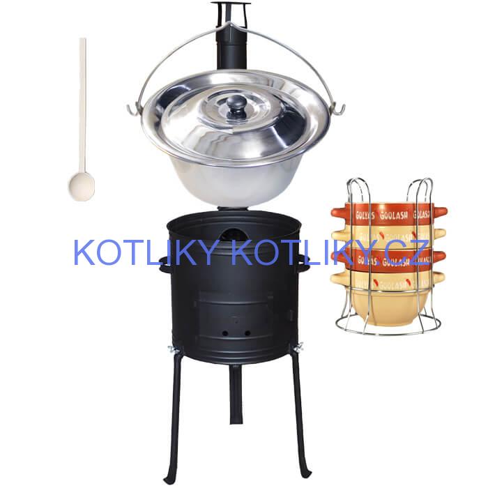 Nerezový kotlík 22 L (0,8 mm) INOX + misky na guláš 4 ks + nízká žáruvzdorná kotlina 42 PLUS 700