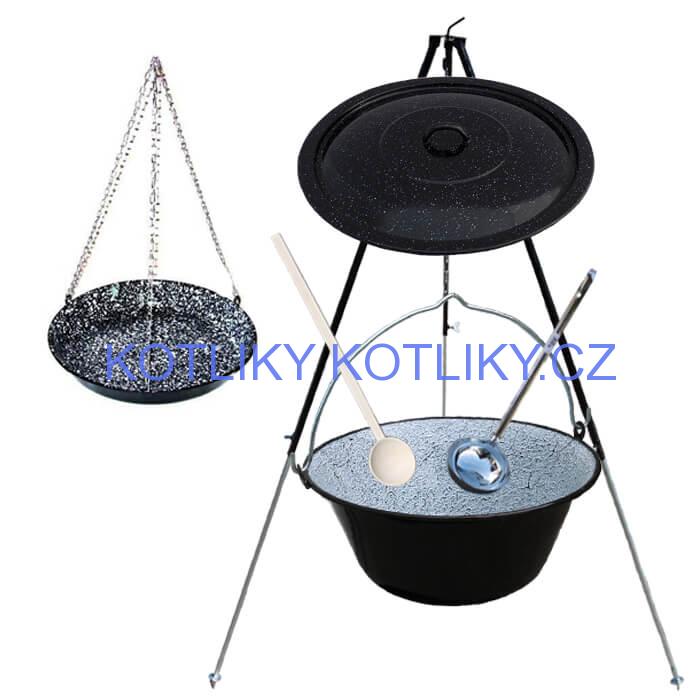 Smaltovaný kotlík 30 L + pánev na grilování + teleskopická trojnožka