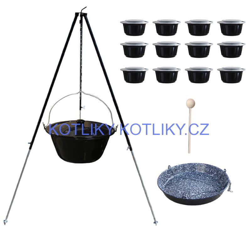 Smaltovaný kotlík 30 L + pánev na grilování + teleskopická trojnožka + misky 12 ks