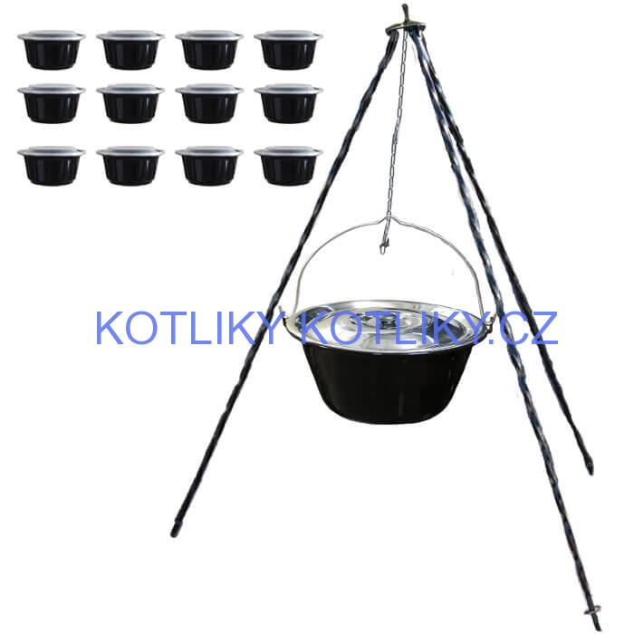 Smaltovaný kotlík 10 L (1,2 mm) + nerezová poklice + trojnožka 1,20 m + misky 12 ks