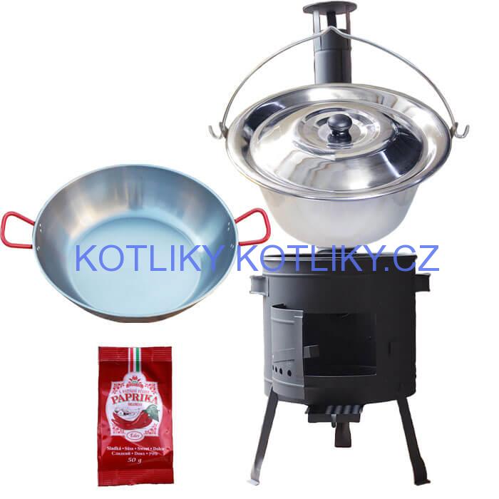 Nerezový kotlík 22 L (0,8 mm) INOX + Pánev PAELLA (WOK) 45 cm + sladká paprika 50 g + nízká kotlina 42 PLUS 600