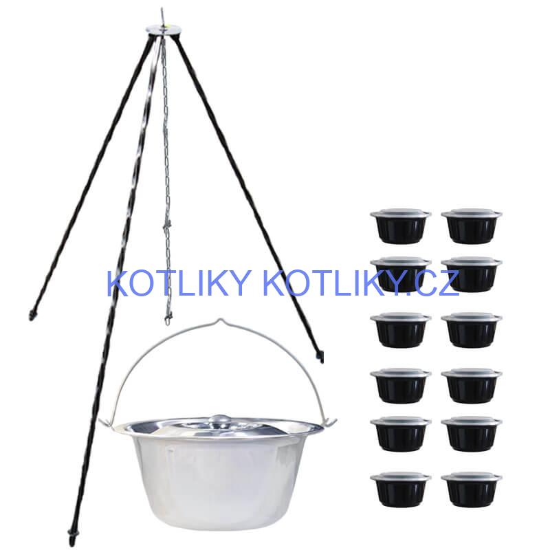 Nerezový kotlík 10 L (0,8 mm) INOX + poklice + trojnožka 1,20 m + misky 12 ks