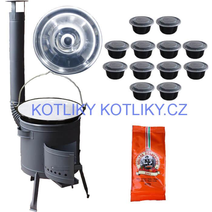 Smaltovaný kotlík 25 L (1,2 mm) + poklice + misky 12 ks + nízká žáruvzdorná kotlina (0,8 mm) 42 PLUS 600