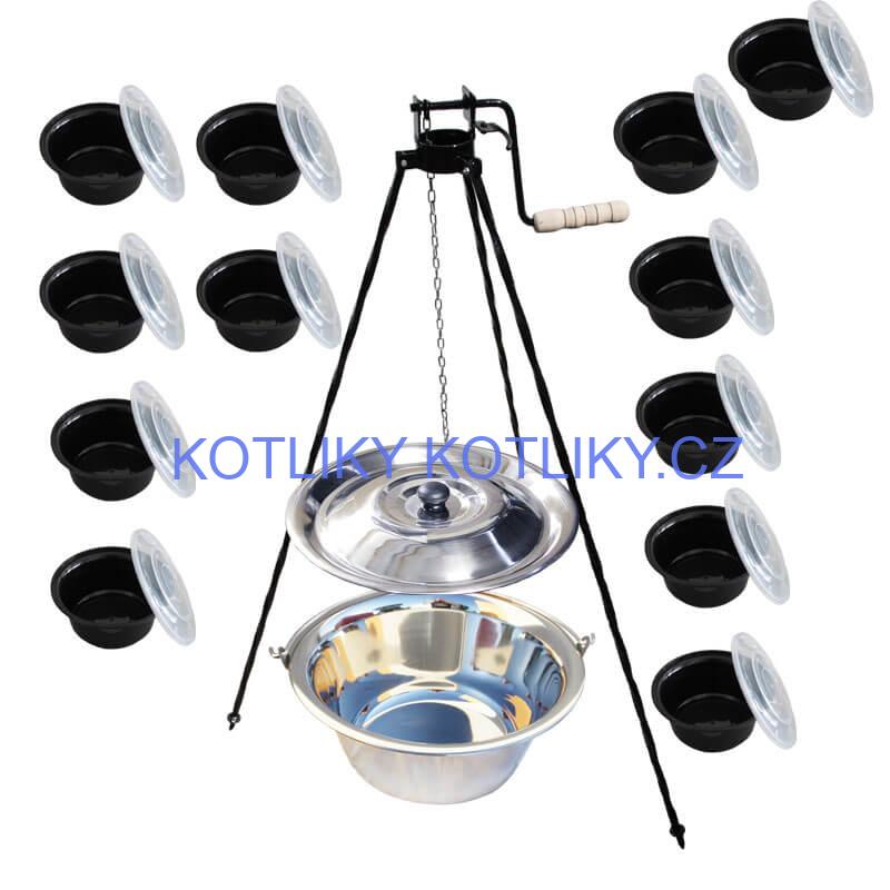 Nerezový kotlík 14 L (0,8 mm) INOX + stojan s kladkou VAR + misky 12 ks
