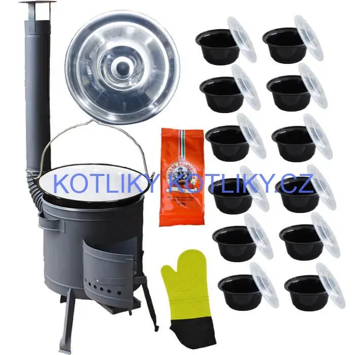 Smaltovaný kotlík 22 L (1,2 mm) + misky 12 ks + nízká žáruvzdorná kotlina (1,5 mm) 42 PLUS 600