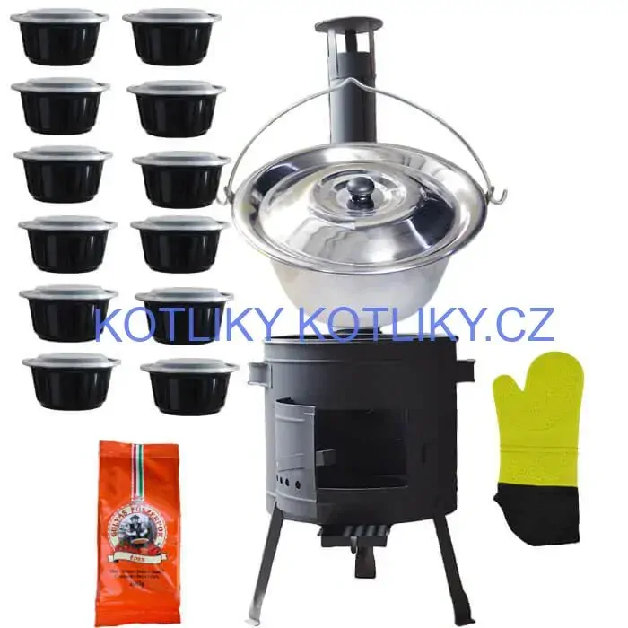 Nerezový kotlík 22 L (0,8 mm) + misky 12 ks + nízká žáruvzdorná kotlina (1,5 mm) 42 PLUS 600