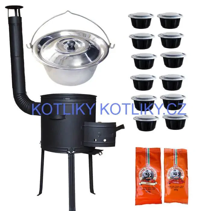 Nerezový kotlík 22 L (0,8 mm) INOX + žáruvzdorná kotlina 42 cm Plus 700 + misky 12 ks + 2 x pepř na guláš 100 g