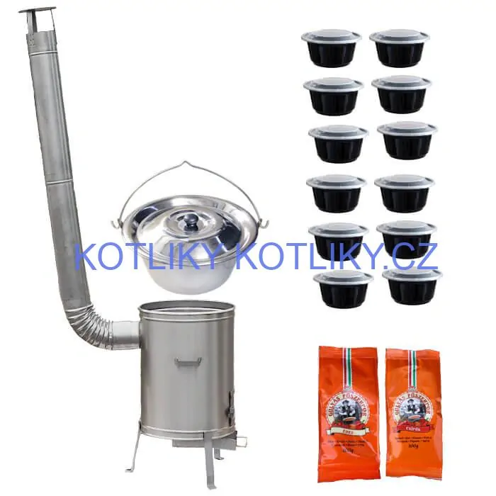 Nerezový kotlík 22 L (0,8 mm) INOX + nerezová kotlina 42 cm LUX + misky 12 ks + 2 x pepř na guláš 100 g