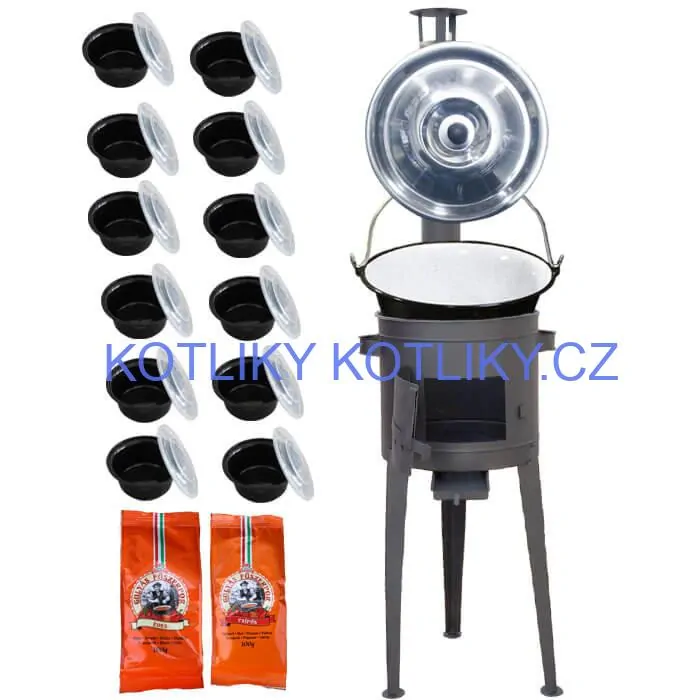 Smaltovaný kotlík 22 L (1,2 mm) + vysoká žáruvzdorná kotlina (2,0 mm) HODO 42 cm PLUS 600 + misky 12 ks + 2 x pepř na guláš 100 g