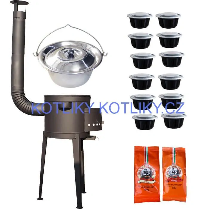 Nerezový kotlík 22 L (0,8 mm) INOX + vysoká žáruvzdorná kotlina (1,5 mm) HODO 42 cm PLUS 600 + misky 12 ks + 2 x pepř na guláš 100 g