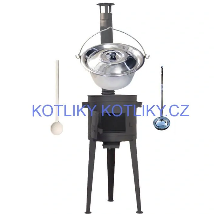 Nerezový kotlík 20 L (1,2 mm) INOX + vysoká žáruvzdorná kotlina (2,0 mm) HODO 42 cm PLUS 600 + vařečka + naběračka