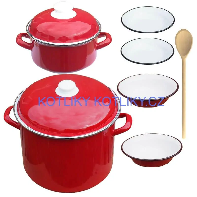 Smaltovaný hrnec s poklicí 5,2 l + smaltovaný kastrol s poklicí 3 L + talíře Classic