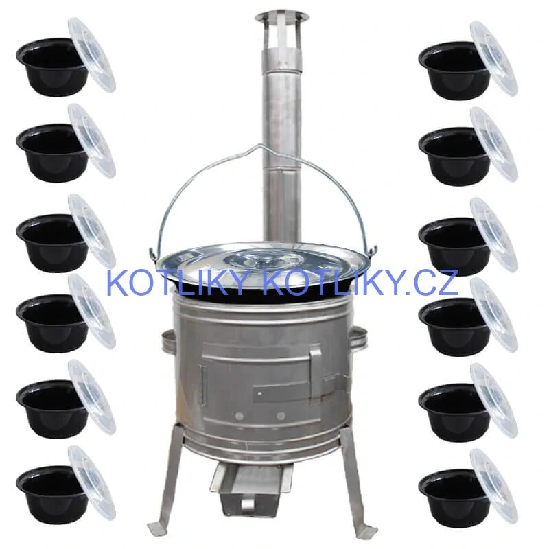 Smaltovaný kotlík 25 L + Nerezová kotlina 42 INOX + misky 12 ks