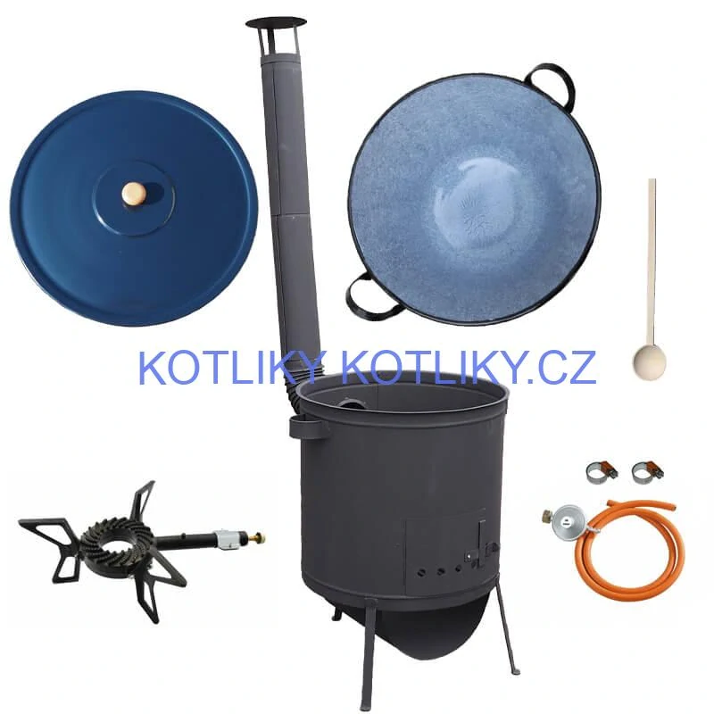 Smaltovaný kotel 70 L na zabijačku + žáruvzdorná kotlina 53 PLUS 600 4 MM + hořák 7,5 kW + vařečka