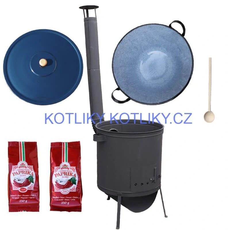 Smaltovaný kotel 70 L na zabijačku + žáruvzdorná kotlina 53 PLUS 600 4 MM + sladká a pálivá (2 x 250 g) + vařečka
