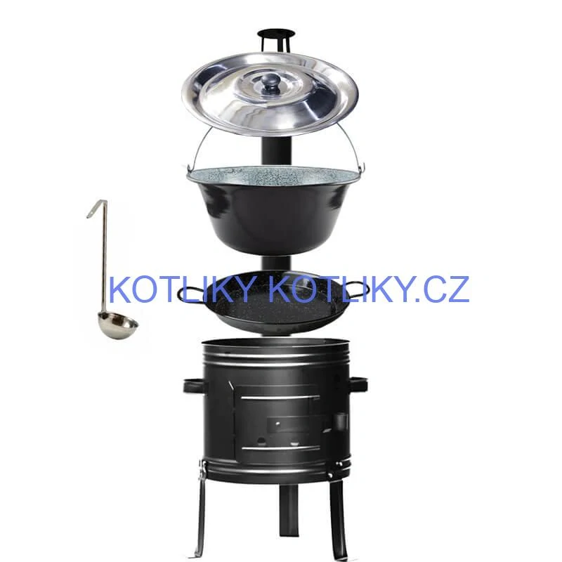 Smaltovaný kotlík 25 L + kovová kotlina + smaltovaná pánev 46 cm Paella