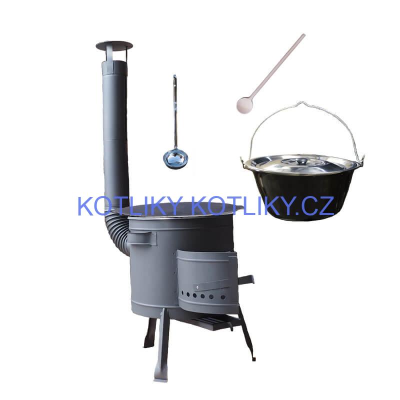 Smaltovaný kotlík 22 L + litinová pánev 45 cm + nízká žáruvzdorná kotlina 42 cm PLUS 600
