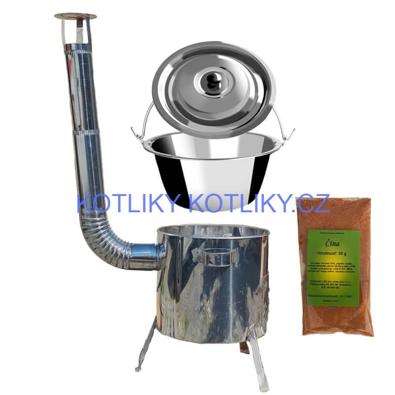 Nerezový kotlík 10 L (0,8 mm) + nerezová kotlina 31 INOX LUSTRO + Wok + koření 50 g