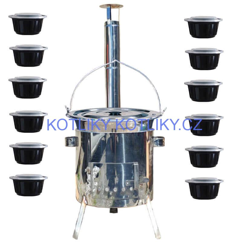 Nerezový kotlík 14 L (0,8 mm) INOX + Nerezová kotlina 36 INOX LUSTRO + misky 12 ks