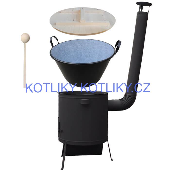 Zabijačkový smaltovaný kotel 100 L, žáruvzdorná kotlina 42 PLUS 600 4 MM, dřevěná poklice + vařečka