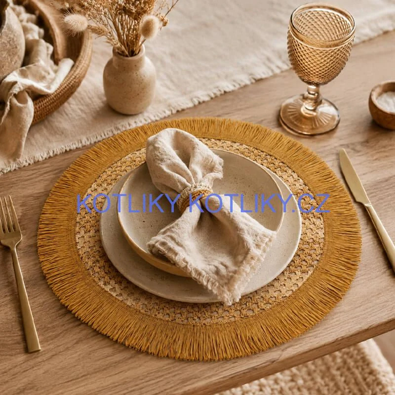 Kulatá přírodní podložka pod talíř se třásněmi 37 cm